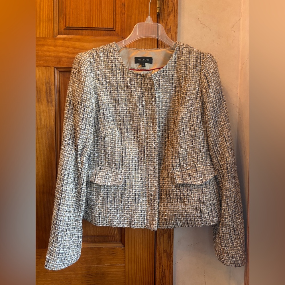 Talbots Metallic Tweed Zip Blazer Lady Jacket 8 Tan Brown